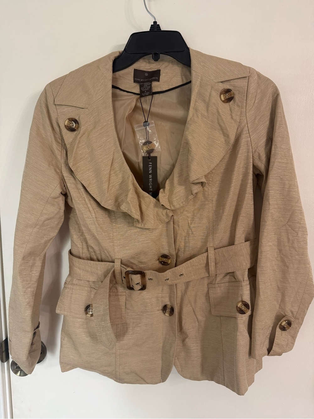 Fenn Wright Manson Neutral Beige Ruffle-Collar Belted Jacket